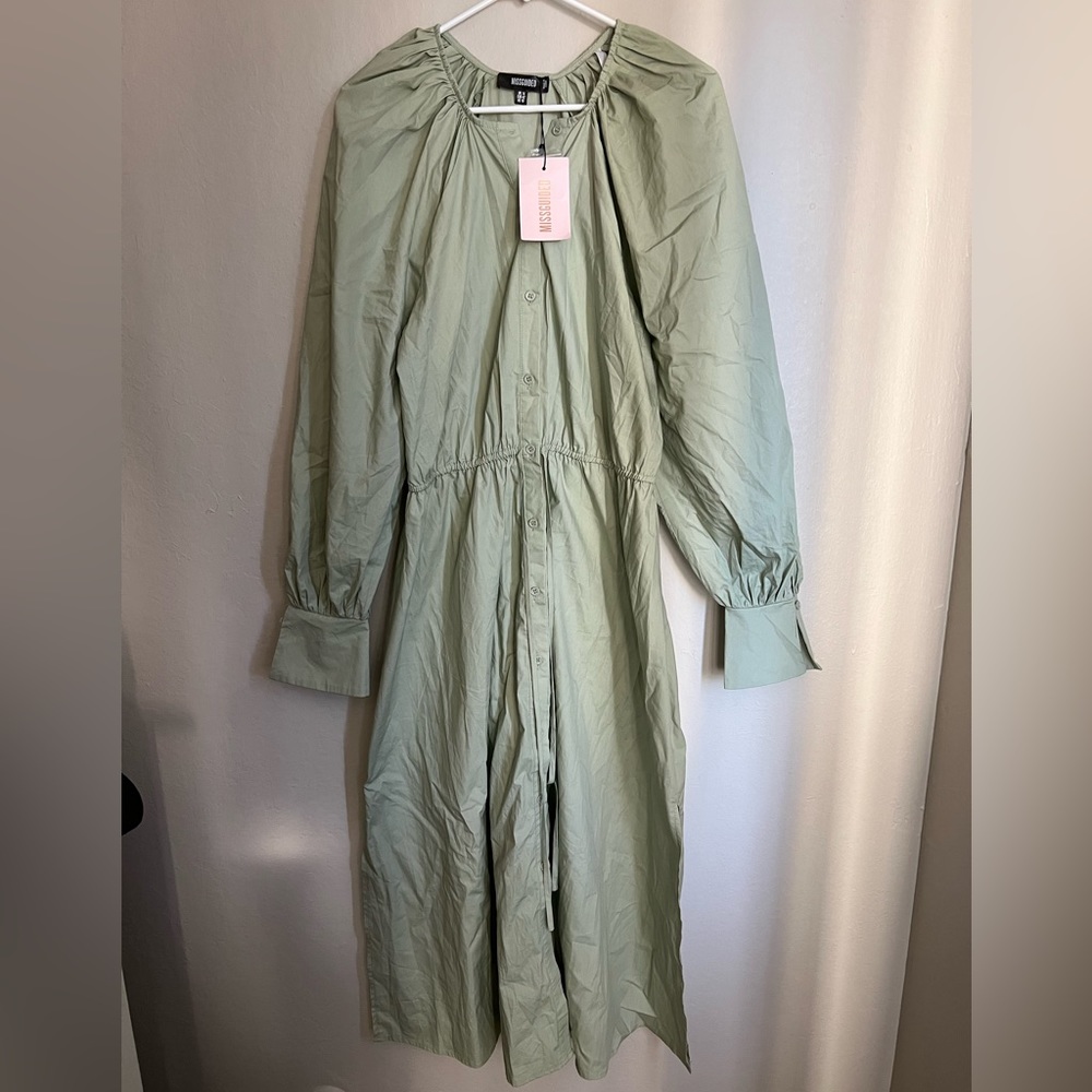 Sage Poplin Raglan Midi Shirt Dress
